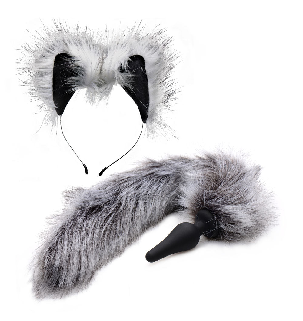gray white fox tail plug and ear fox tail buttplug and ear wolf tail b
